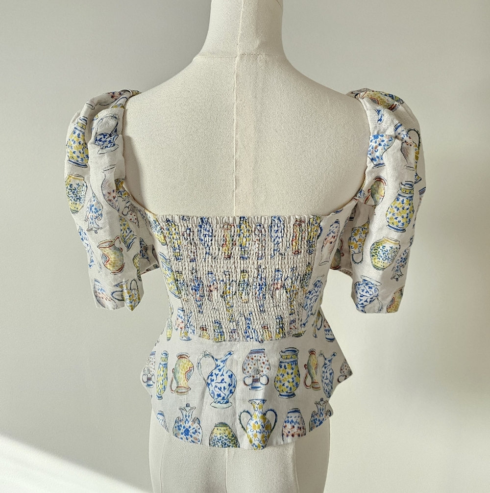 Aritzia Wilfred S Linen Smocked Fatale Vase Blouse Floral Print Women's Top - Picture 2 of 6